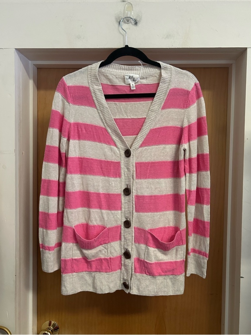 An Original Milly of NY Linen Classic Preppy Hot Pink Stripe Cardigan - size M
